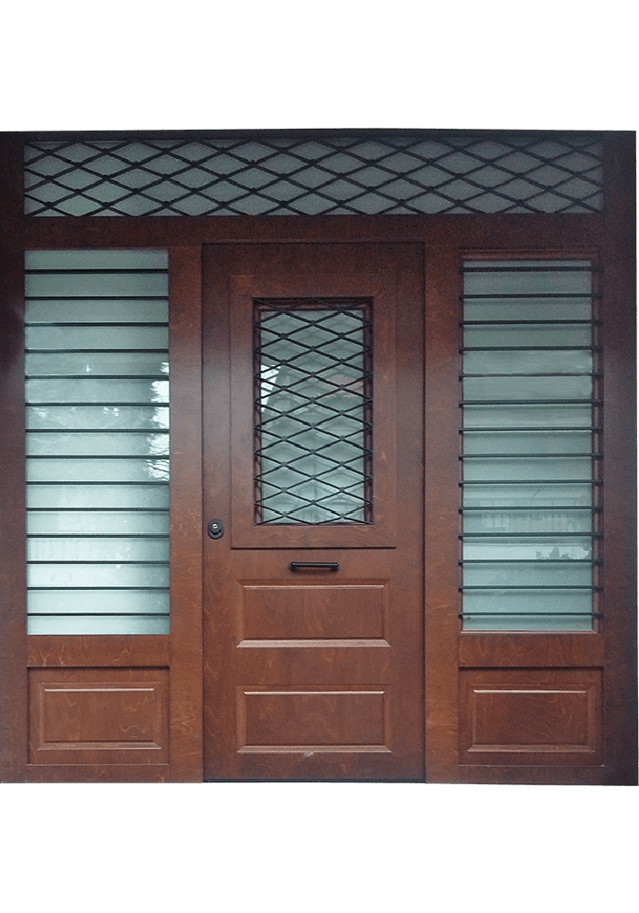 Εικόνα Θωρακισμένη Πόρτα εισόδου με πλακάζ θαλάσσης και κάγκελο μασίφ